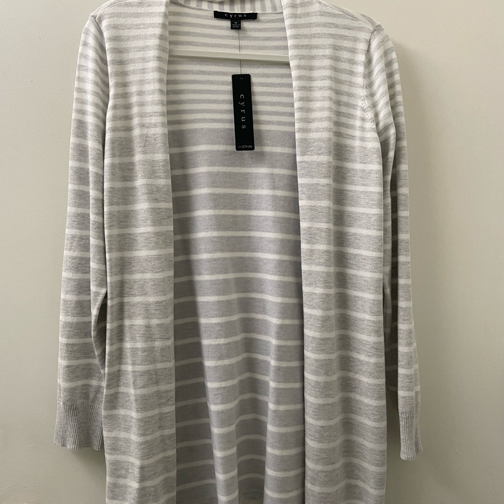 Cyrus open front longline knit cardigan white gray stripe